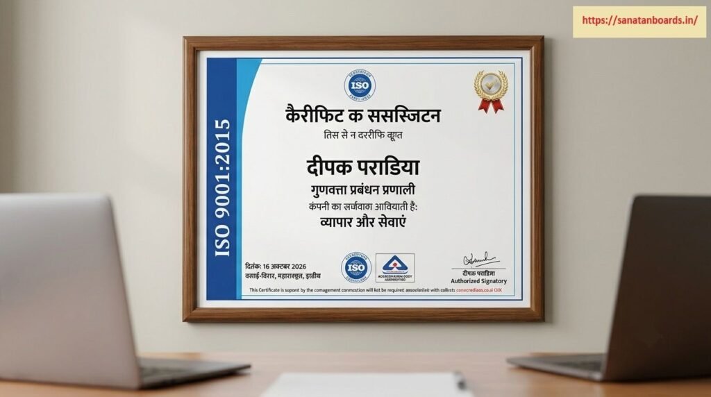 दीपक पराडिया A framed ISO 9001:2015 Quality Management System certificate issued to Dipak Paradiya for business and services, displayed on a wall between two laptops.