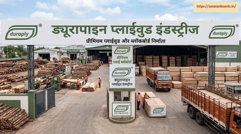 ड्यूरापाइन प्लाईवुड इंडस्ट्रीज An wide outdoor view of the entrance and factory yard of Durapine Plywood Industries (Duraply), showing stacked timber logs, processing machinery, trucks loaded with plywood sheets, and workers in high-visibility vests under a large white entrance archway sign.
