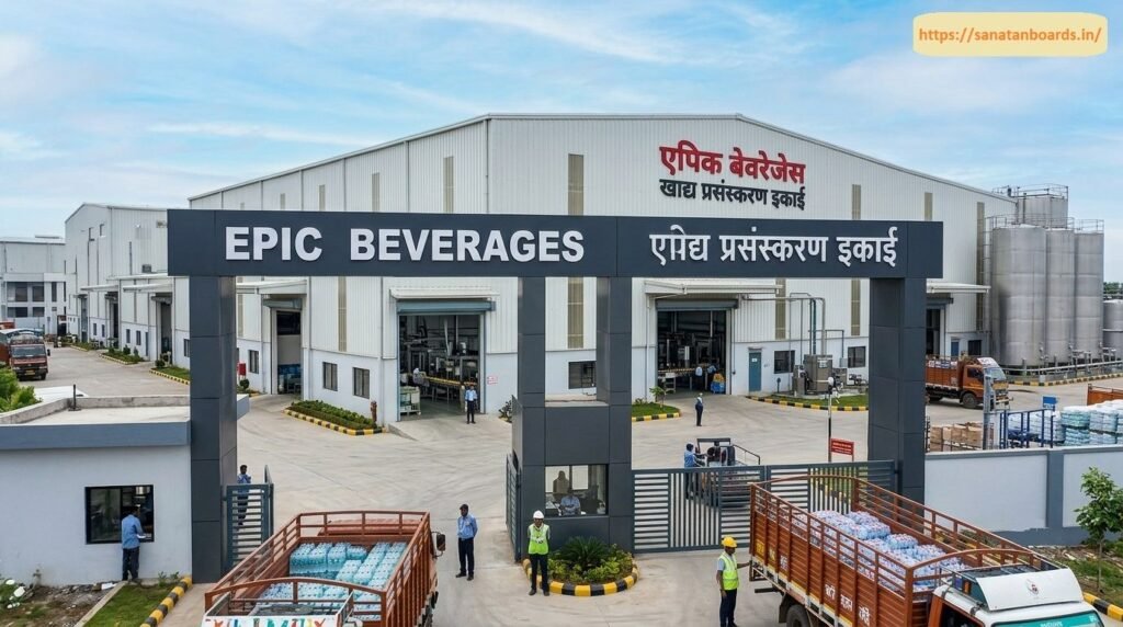 एपिक बेवरेजेस खाद्य प्रसंस्करण इकाई An exterior view of the main entrance gate and industrial plant of Epic Beverages Food Processing Unit, with delivery trucks loaded with bottled drinks and security personnel at the entrance gate.