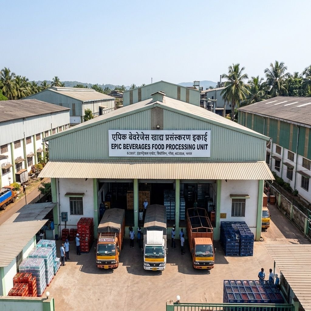 An elevated view of the front facade of Epic Beverages Food Processing Unit in Goa, featuring loading bays with trucks parked under a large sign, stackable beverage crates, and palm trees surrounding the facility.