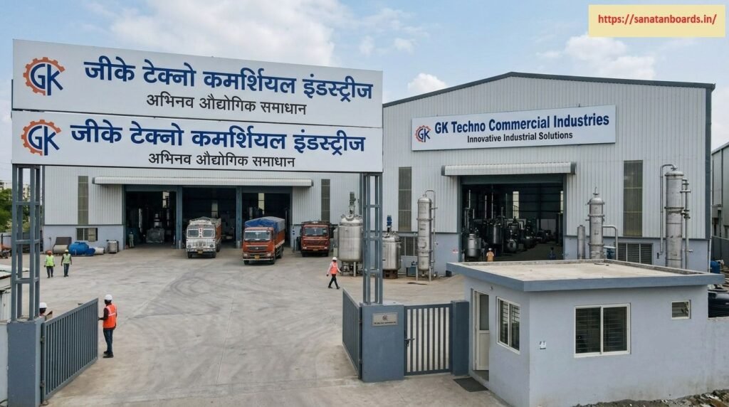 जीके टेक्नो कमर्शियल इंडस्ट्रीज An outdoor wide view of the main gate entrance and industrial manufacturing plant of GK Techno Commercial Industries, showing bilingual signage in Hindi and English, chemical processing tanks, parked transport trucks, and factory workers in high-visibility safety vests.