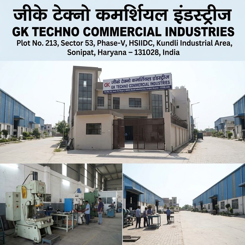 A collage showcasing GK Techno Commercial Industries in Sonipat, Haryana, including the multi-story corporate building front with security gate, shop floor heavy power press machinery with operators, and an outdoor industrial paved driveway.