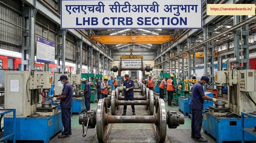 एलएचबी सीटीआरबी अनुभाग An interior view of the LHB CTRB Section showing railway technicians in uniforms and face masks servicing train wheelsets and Cartridge Tapered Roller Bearings using heavy industrial machinery beneath bilingual overhead signage.