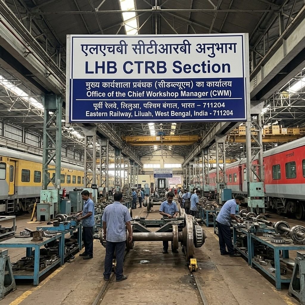 An interior view of the LHB CTRB Section at Liluah Workshop, showing railway technicians working on train wheelsets and bearings directly under a large blue bilingual sign for the Office of the Chief Workshop Manager, Eastern Railway.