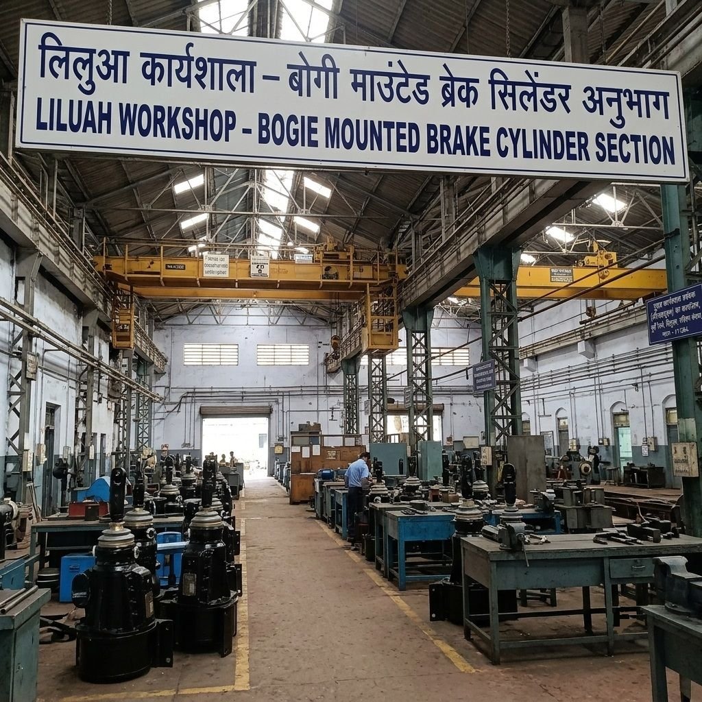 An interior view looking down the main aisle of the Bogie Mounted Brake Cylinder Section at Liluah Workshop, showing assembled brake cylinders on workbenches, overhead cranes, and bilingual facility signage.
