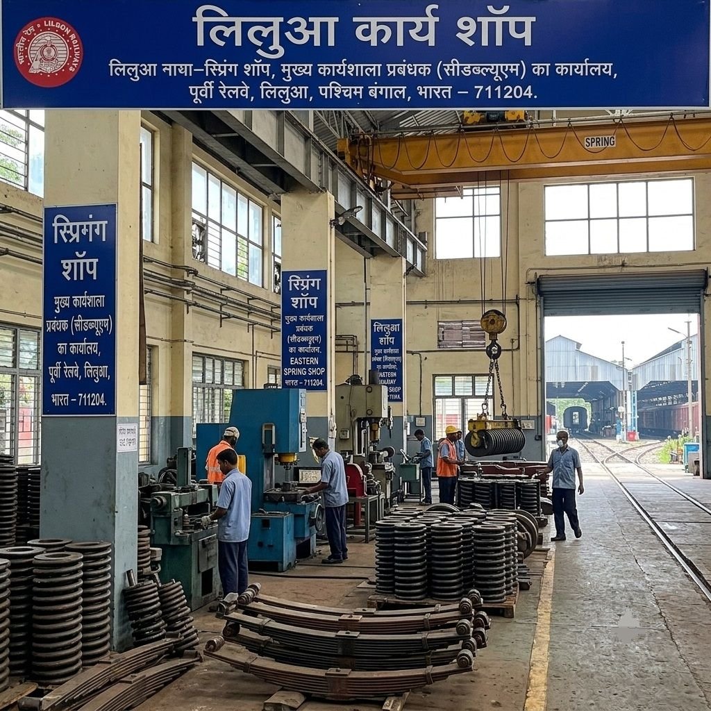 An interior view of the Liluah Workshop Spring Shop showing stacked coil and leaf springs, machinery, industrial pillars with blue bilingual signage, and workers operating equipment near open bay doors leading to railway tracks.