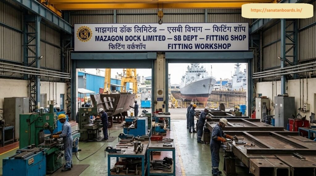 माझगांव डॉक लिमिटेड एसबी विभाग – फिटिंग शॉप An interior view of the Mazagon Dock Limited SB Dept - Fitting Shop showing technicians in hard hats and coveralls working on metal fabrication machinery and structural components, with naval ships visible through open bay doors in the background.