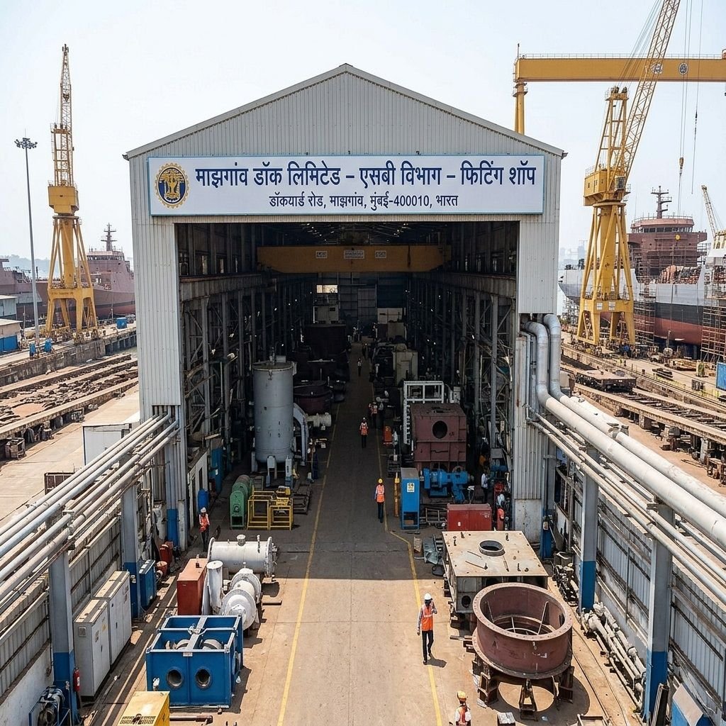 An elevated view looking into the large open workshop bay of the Mazagon Dock Limited SB Dept - Fitting Shop, showing industrial machinery, steel assemblies, technicians, and tall shipyard cranes in the background.