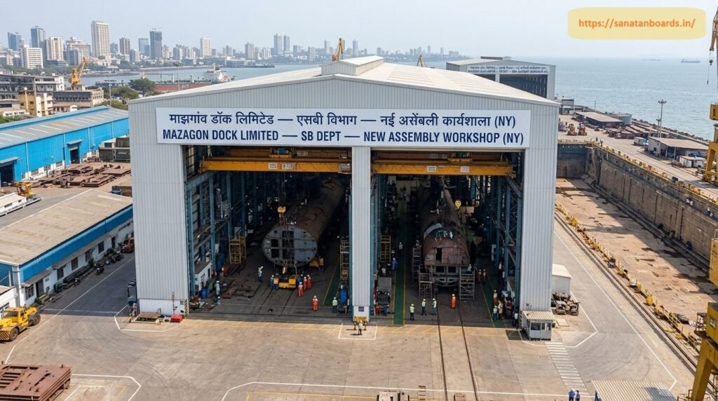 माझगांव डॉक लिमिटेड, एसबी विभाग – नई असेंबली कार्यशाला (NY) An aerial view of the Mazagon Dock Limited SB Dept - New Assembly Workshop (NY) building with large open bay doors revealing submarine hull sections under assembly and shipyard personnel working inside.