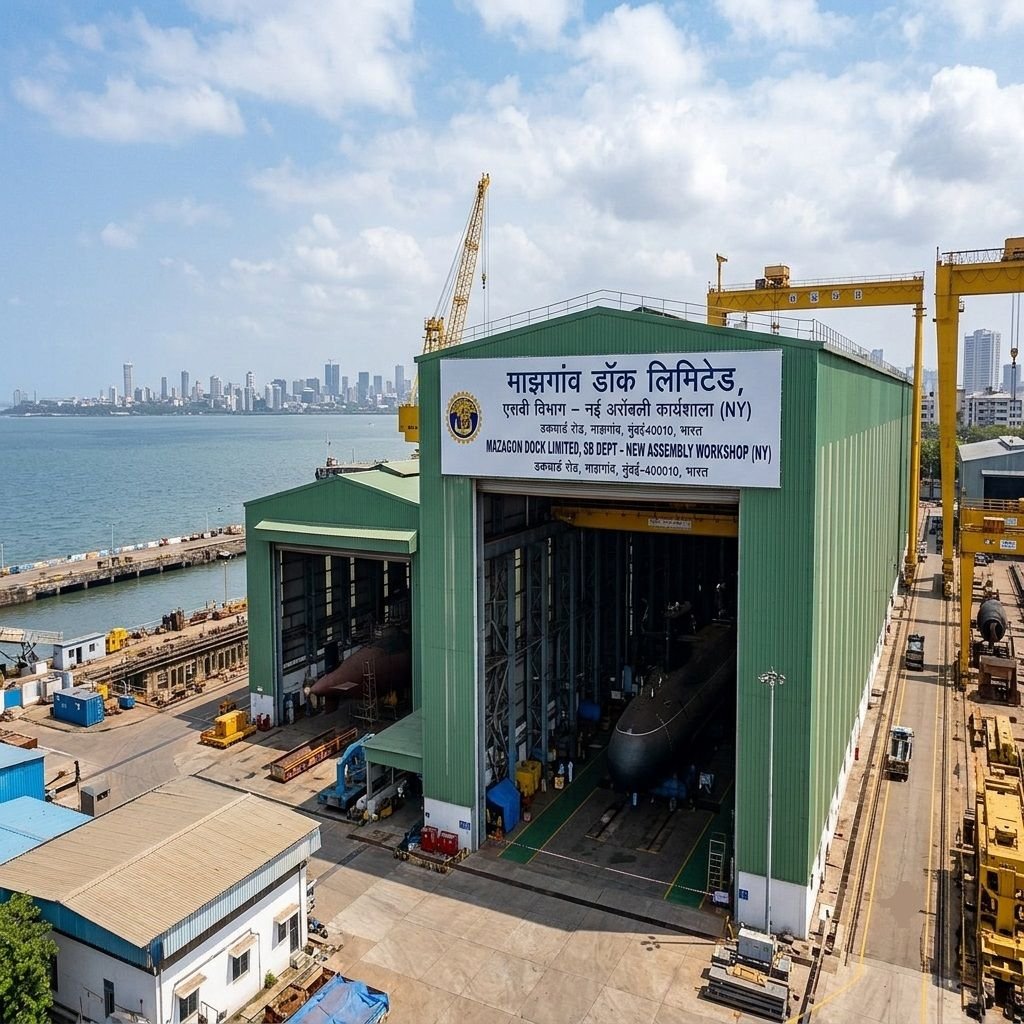 An elevated view of the green Mazagon Dock Limited SB Dept - New Assembly Workshop (NY) building with large open hangar doors revealing a submarine hull inside, situated along the Mumbai waterfront.
