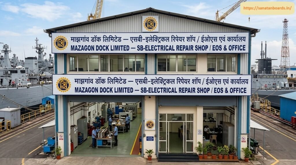 माझगांव डॉक लिमिटेड — एसबी-इलेक्ट्रिकल रिपेयर शॉप / ईओएस एवं कार्यालय Exterior view of the two-story Mazagon Dock Limited SB-Electrical Repair Shop / EOS & Office building with open workshop bay doors showing technicians at work, flanked by docked naval ships.