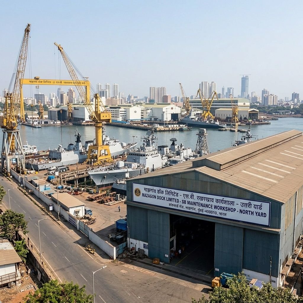 An elevated view of the Mazagon Dock Limited - SB Maintenance Workshop - North Yard showing large industrial workshop buildings, yellow dockyard cranes, and naval defense ships along the waterfront.