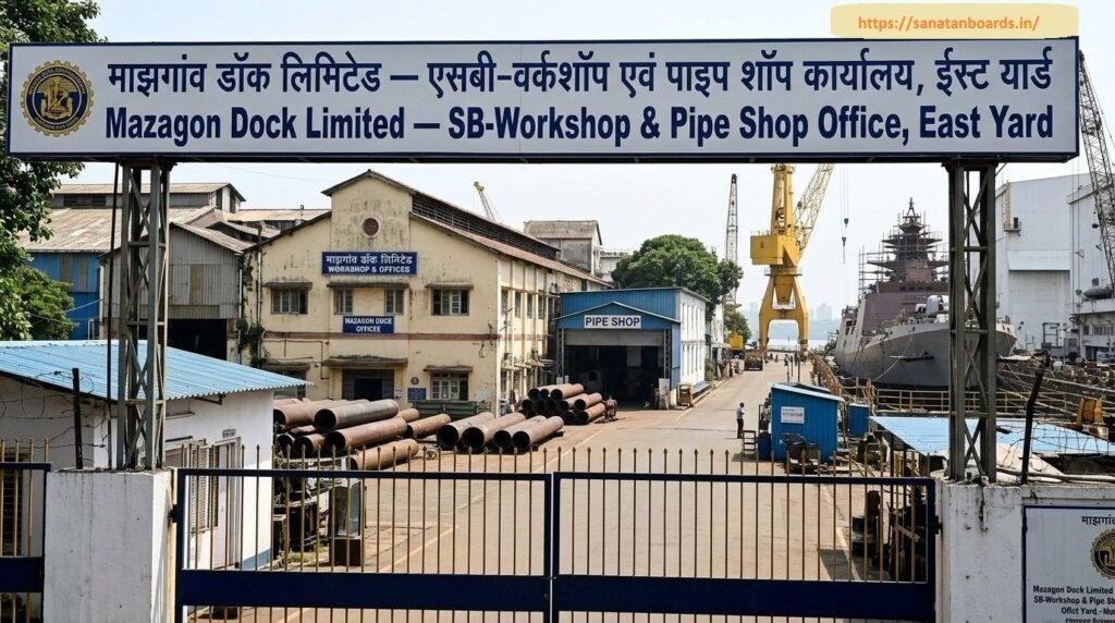 माझगांव डॉक लिमिटेड — एसबी-वर्कशॉप एवं पाइप शॉप कार्यालय, ईस्ट यार्ड An entrance gate view of Mazagon Dock Limited showing the SB-Workshop & Pipe Shop Office sign in the East Yard, with stacked industrial pipes, workshop buildings, dock cranes, and a naval warship in the background.