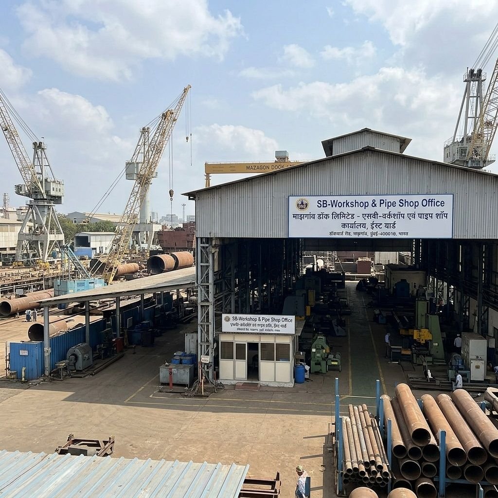 An open-air industrial hangar view of the SB-Workshop & Pipe Shop Office at Mazagon Dock Limited East Yard, featuring stacked steel pipes, heavy machinery, and surrounding shipyard cranes under a bright sky.