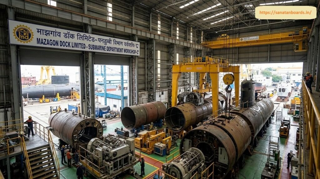 माझगांव डॉक लिमिटेड पनडुब्बी विभाग वर्कशॉप-‘C’ An interior view of Mazagon Dock Limited - Submarine Department Workshop 'C' showing cylindrical submarine hull sections and heavy machinery arranged inside a massive fabrication bay with overhead cranes and shipyard personnel.