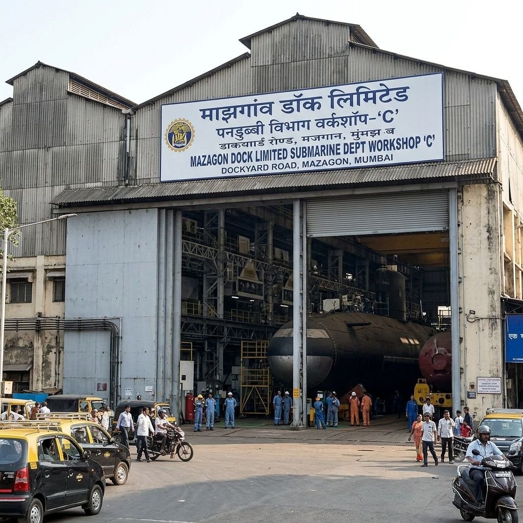 An exterior view of the Mazagon Dock Limited Submarine Dept Workshop 'C' building in Mumbai, with open bay doors revealing a large submarine inside and shipyard personnel along Dockyard Road.