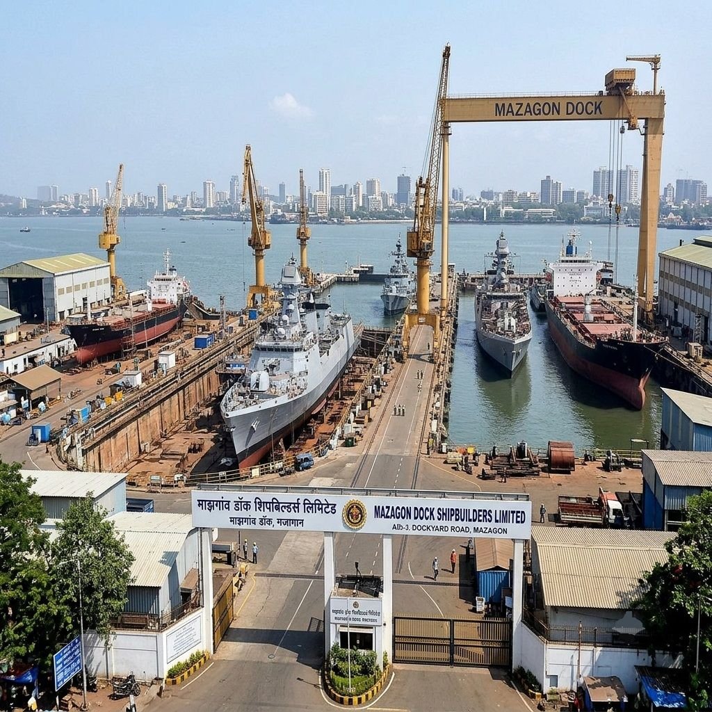 An elevated view of the main entrance gate at Mazagon Dock Shipbuilders Limited in Mumbai, leading into dry docks filled with naval warships, cargo vessels, and large gantry cranes along the harbor waterfront.