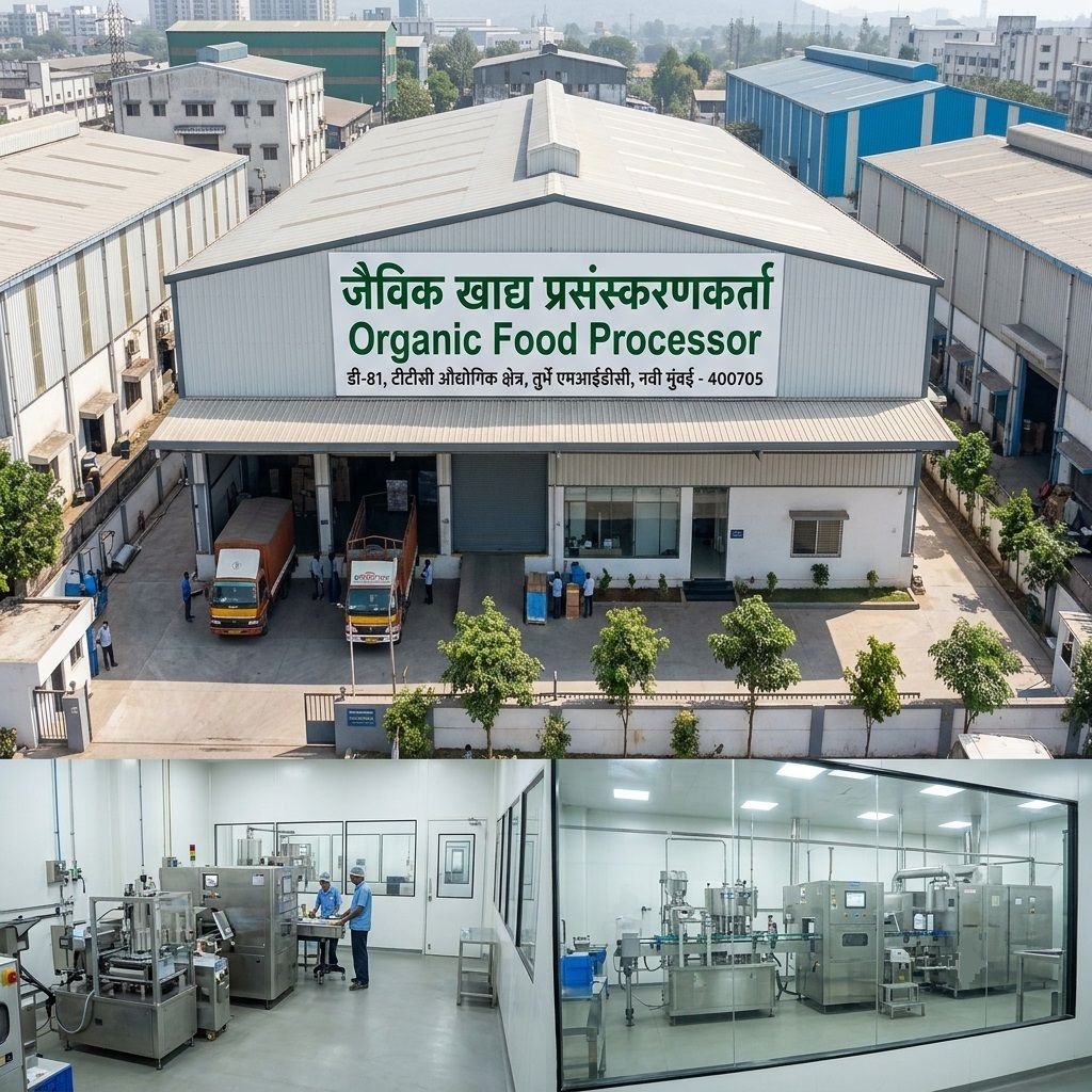 A split image showing an exterior aerial view of the Organic Food Processor facility in Turbhe MIDC, Navi Mumbai, above two interior views of modern, cleanroom-style automated packaging and processing production lines.