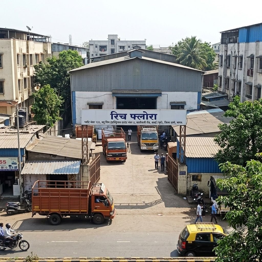 An elevated view of the main entrance gate and factory premises of Rich Flora in Vasai East, featuring a large white sign with Hindi lettering, delivery trucks parked in the courtyard, and surrounding industrial buildings.