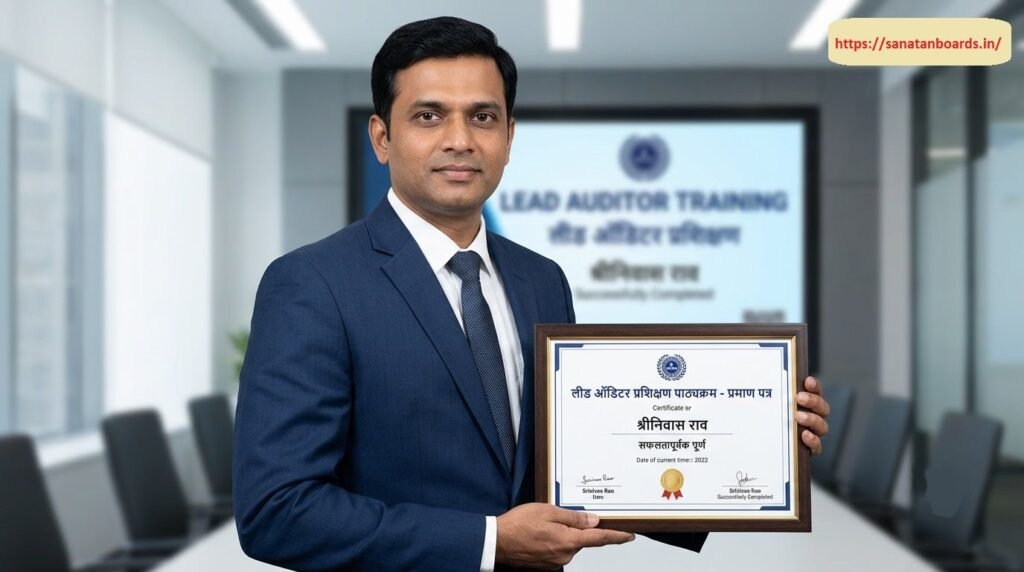 श्रीनिवास राव A formal portrait of Srinivasa Rao wearing a blue suit and tie, holding a framed Lead Auditor Training Course Certificate inside a modern office setting.