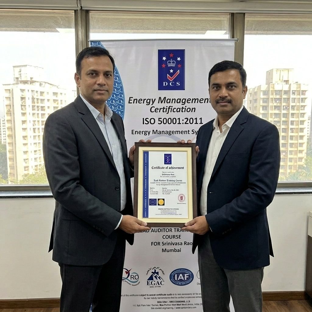 Two men in formal suits holding up a framed ISO 50001:2011 Lead Auditor Training certificate together in front of a Deming Certification Services backdrop.