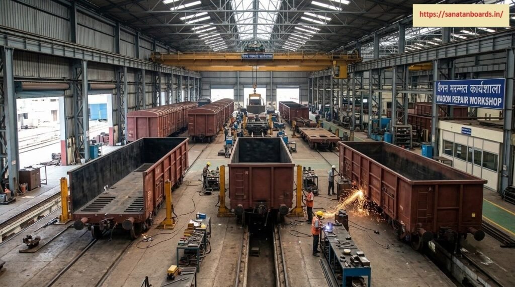 वैगन मरम्मत कार्यशाला An interior high-angle shot of a railway Wagon Repair Workshop displaying open-top goods wagons along multiple maintenance tracks, overhead gantry cranes, technician workstations, and a welder creating sparks during metal fabrication.