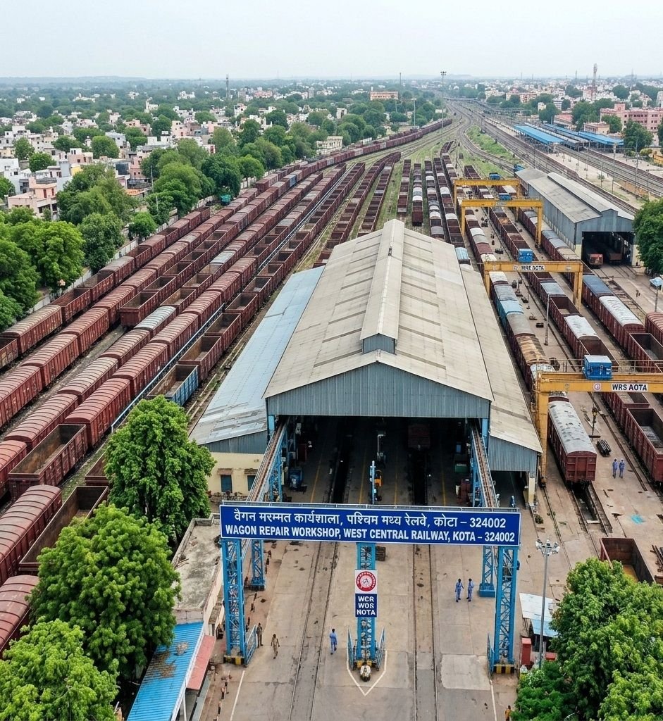 An aerial view looking over the entrance portal and expansive railway yard of the Wagon Repair Workshop, West Central Railway in Kota, displaying parallel tracks lined with brown freight wagons, central maintenance sheds, overhead cranes, and urban cityscape.