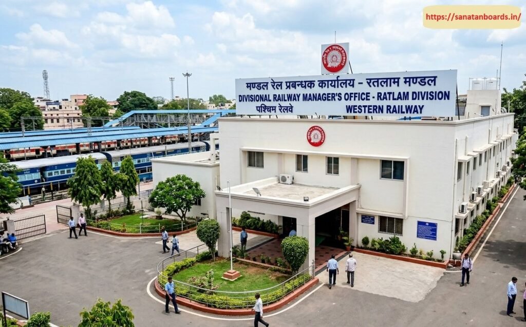 पश्चिम रेलवे, रतलाम मंडल An elevated view of the Divisional Railway Manager's Office building in Ratlam Division, Western Railway, featuring a paved driveway, circular garden, and passenger train platforms in the background.