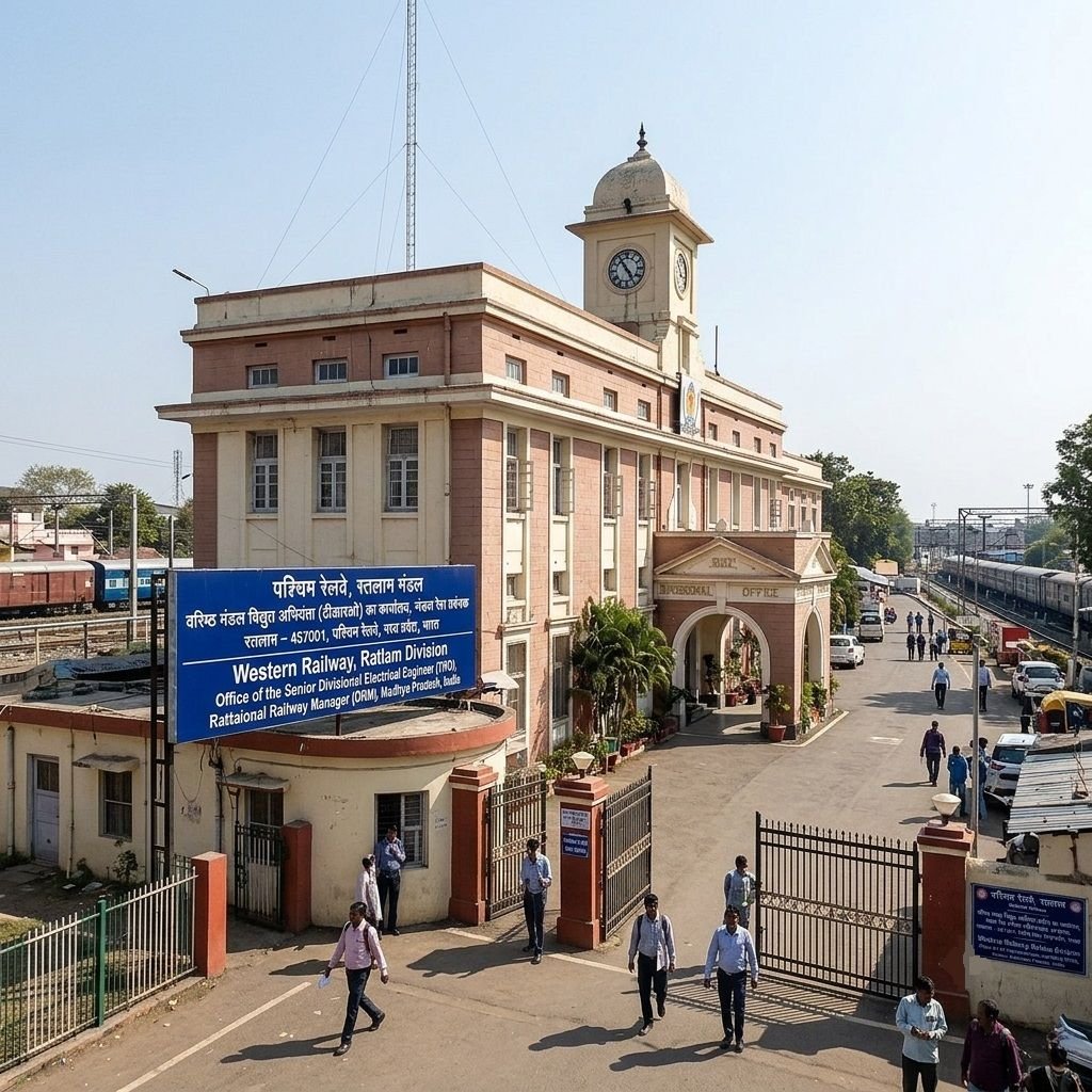 An exterior view of the historic Western Railway Ratlam Division clock tower building, featuring a prominent blue signboard for the Office of the Senior Divisional Electrical Engineer (TRO) and pedestrians walking past open entrance gates.